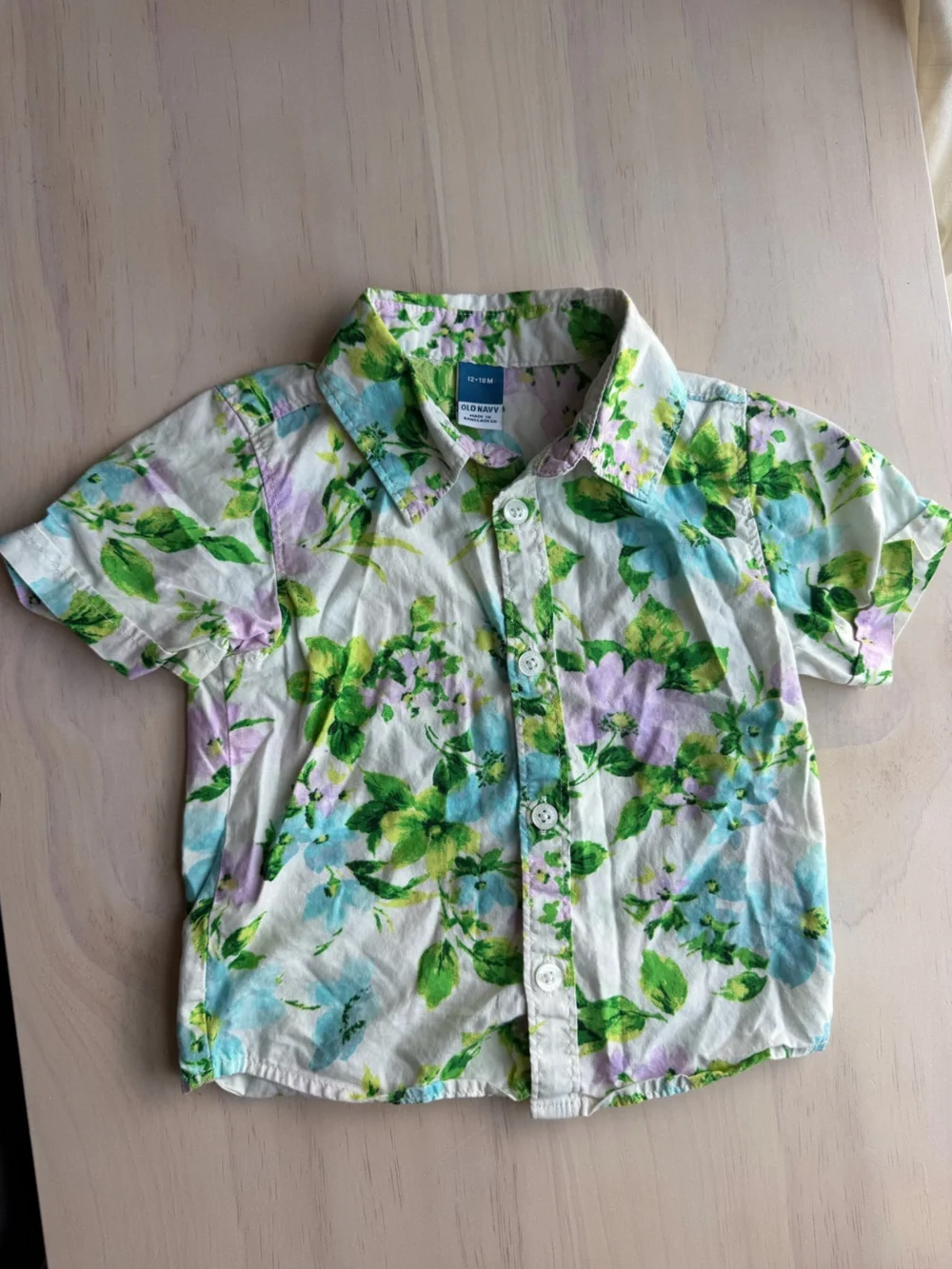 Old Navy Floral Short-Sleeve Button-Up — Cream, Green, Blue & Lilac